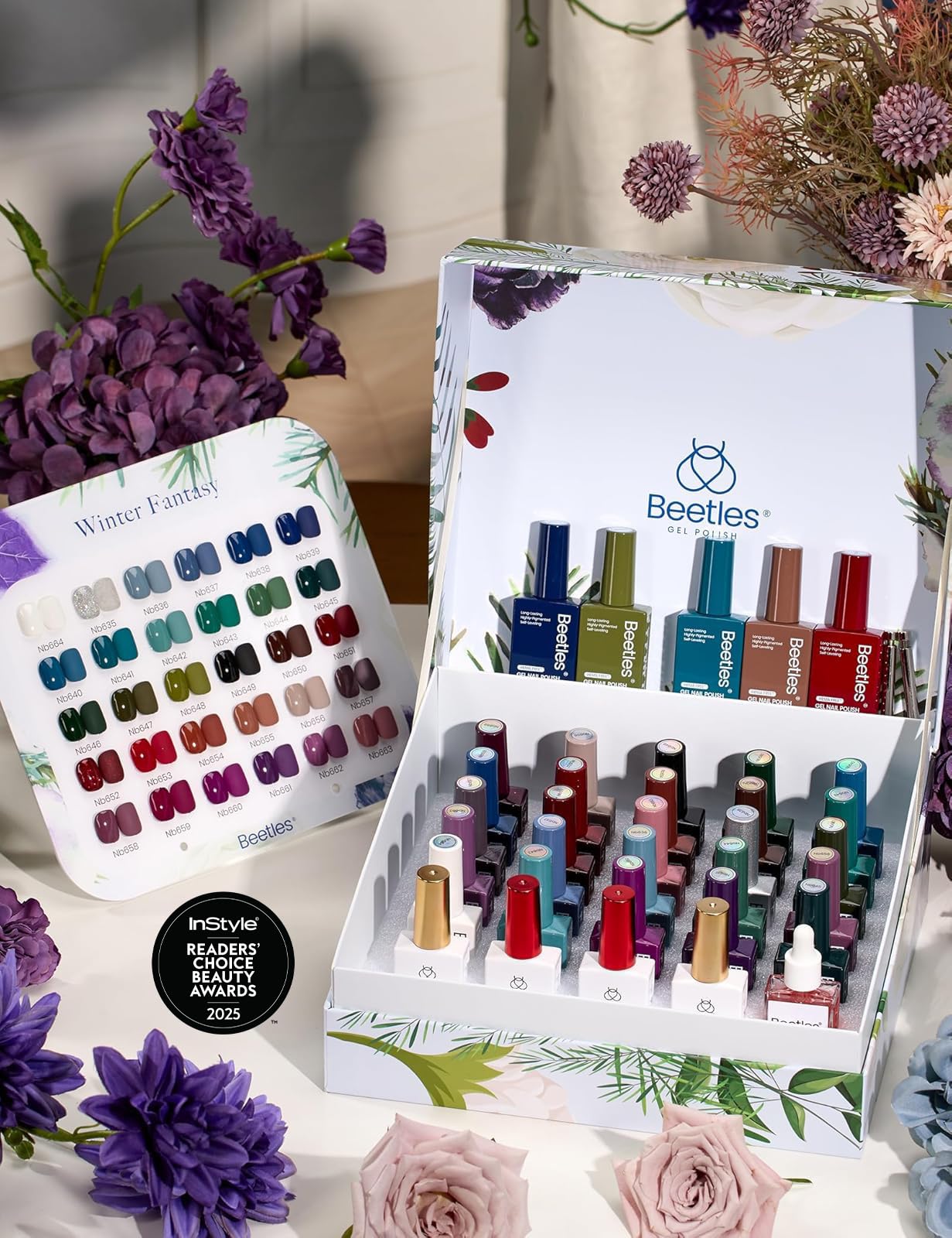 Beetles Winter Fantasy bottles arranged display rich hues for at-home manicure.