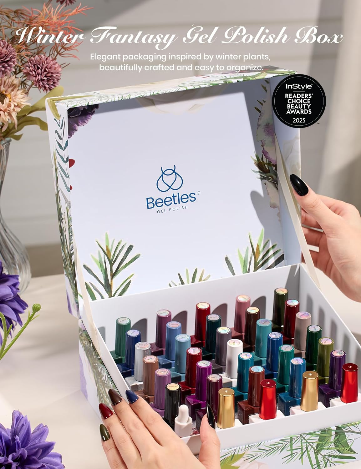 Beetles Winter Fantasy color palette showcases berry red through olive green shades.