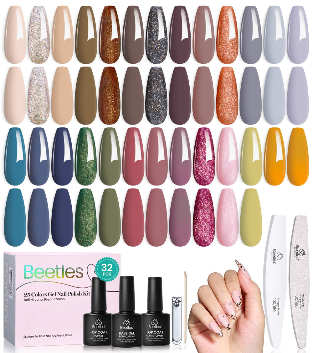 Beetles Winter gel nail polish set packaging showcases 25 colors for festive manicure ideas.