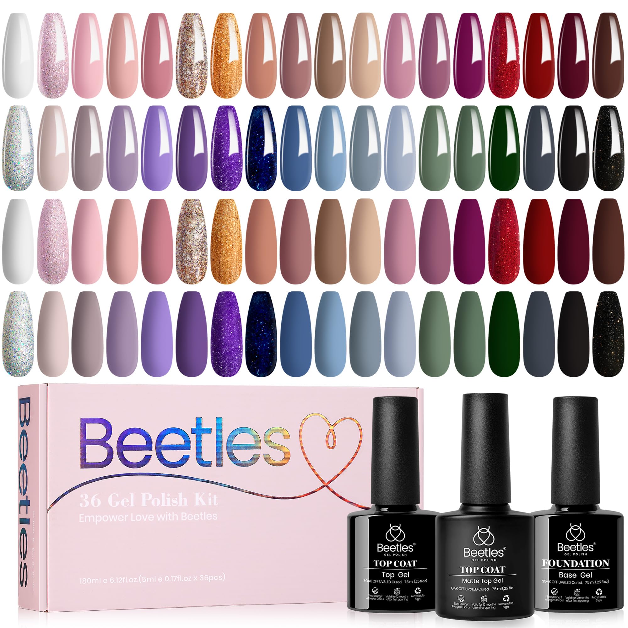 Beetles Winter Gel Nail Set bottles show 36 colors for diverse manicures