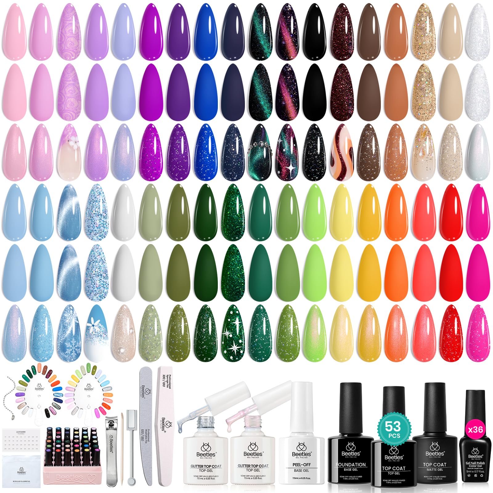 Beetles Winter Gel Polish Kit palette with 36 colors for versatile daily looks.