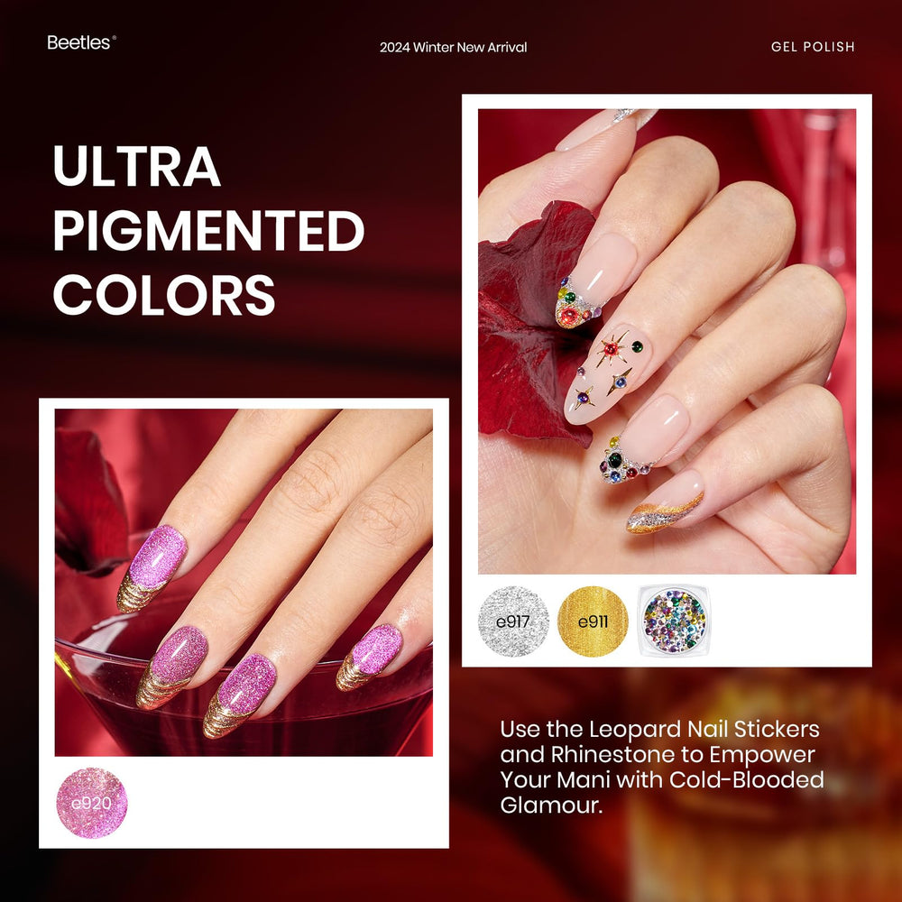 Beetles Winter Gel Polish Kit leopard sticker and rhinestones for chic nail art accents.
