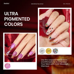 Beetles Winter Gel Polish Kit leopard sticker and rhinestones for chic nail art accents.