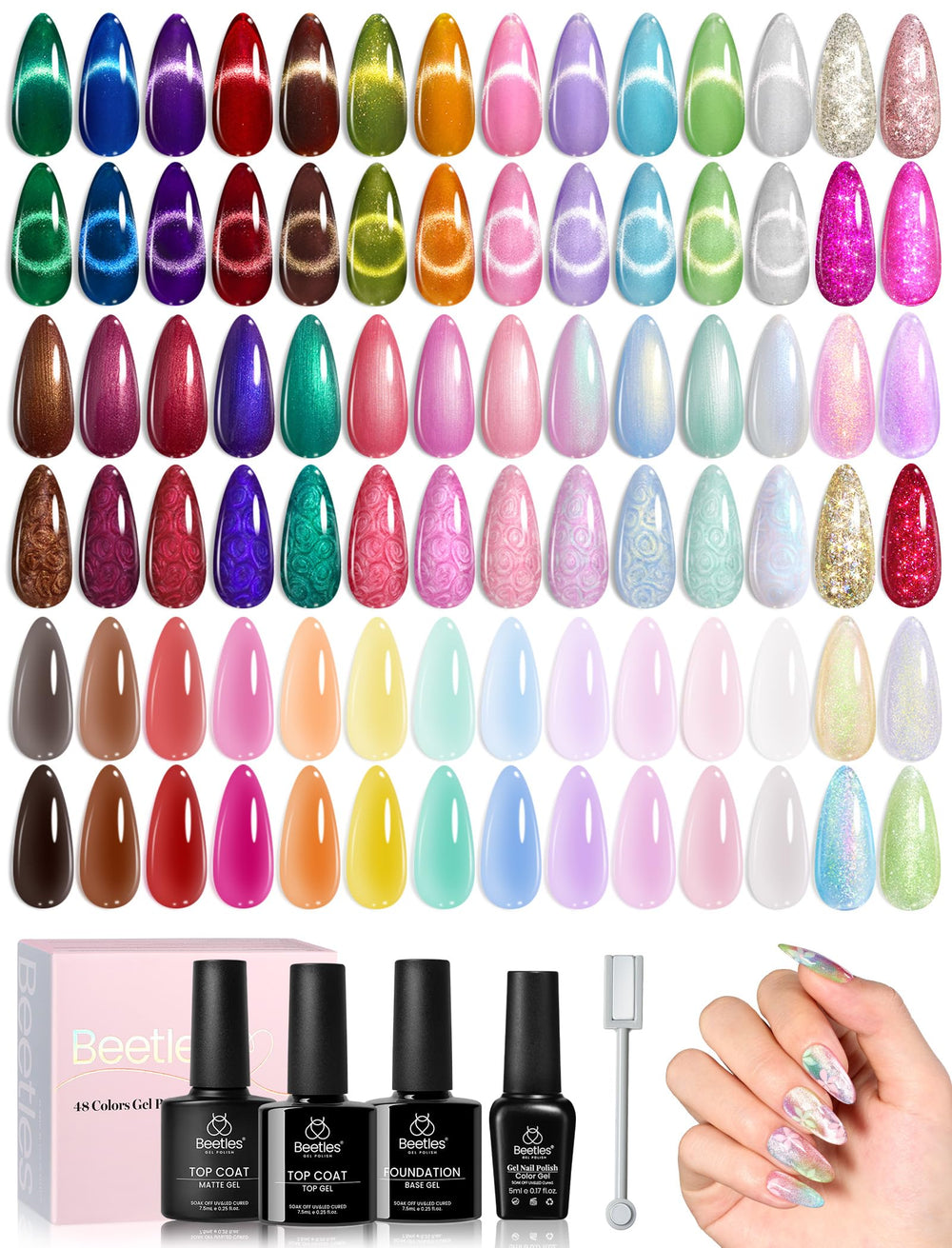 Beetles Winter Gel Polish Set swatches show 48 colors for versatile seasonal looks.