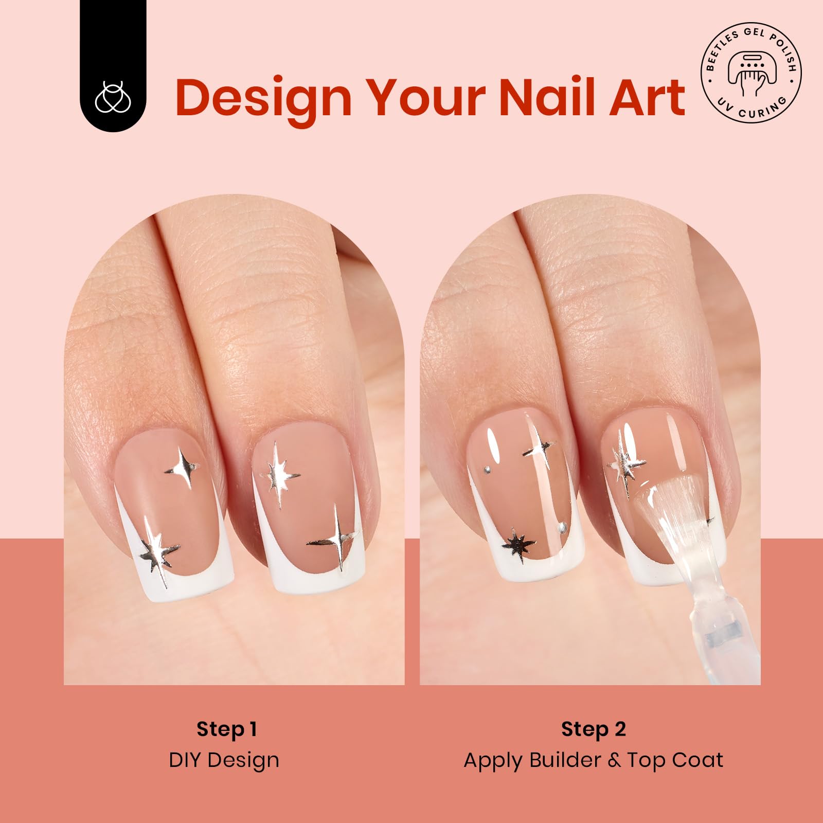 Beetles X Press Gel Nail Kit builder top coat adds lasting shine and protection.