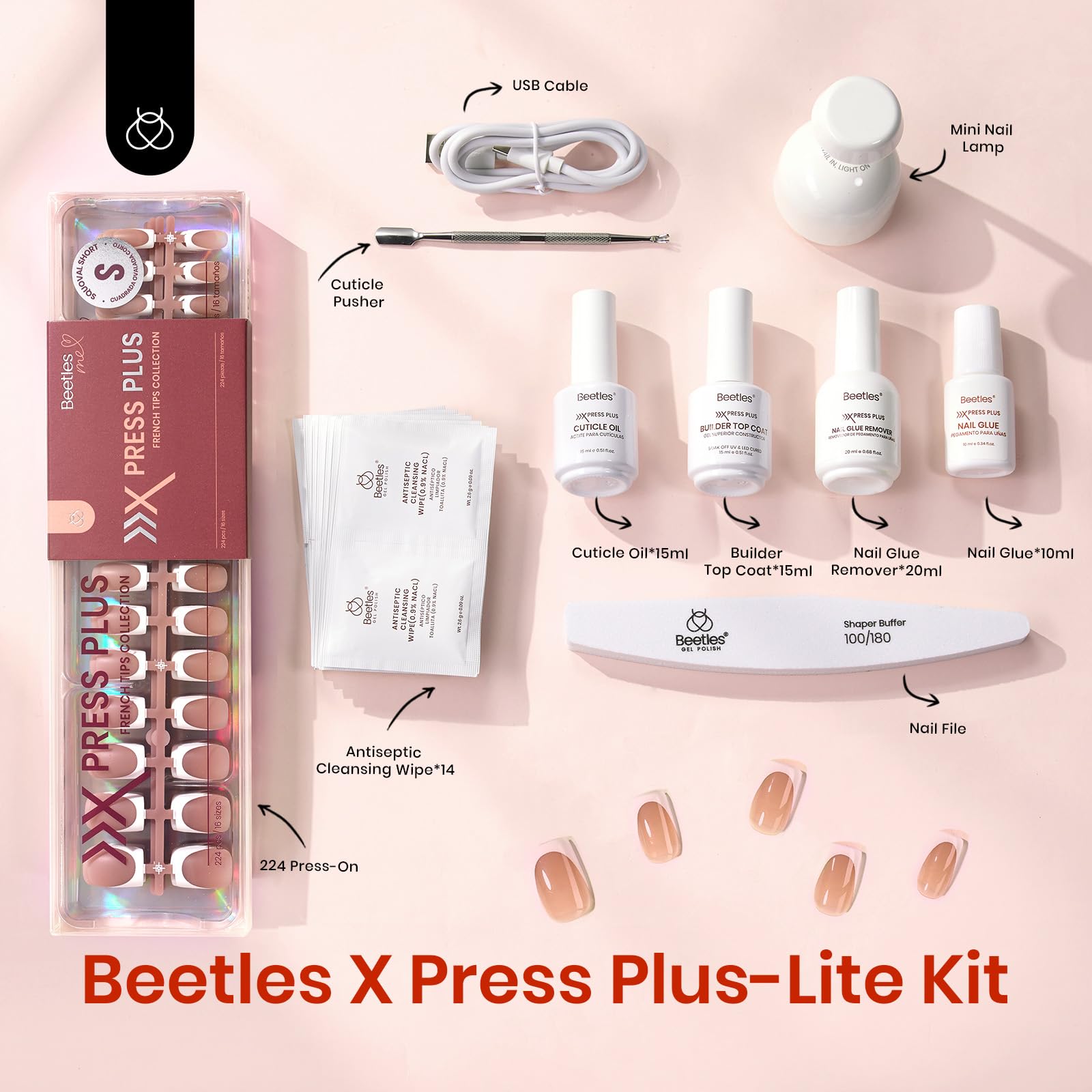 Beetles X Press Gel Nail Kit quick-dry glue seals tips for reliable wear.