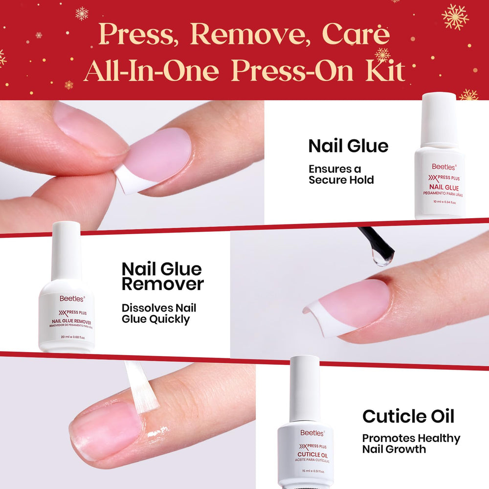 Beetles X Press Kit nails close-up showcasing short almond French tips
