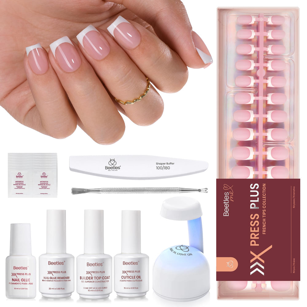 Beetles X Press Plus Glow French nails kit with pink short square tips for at-home chic.