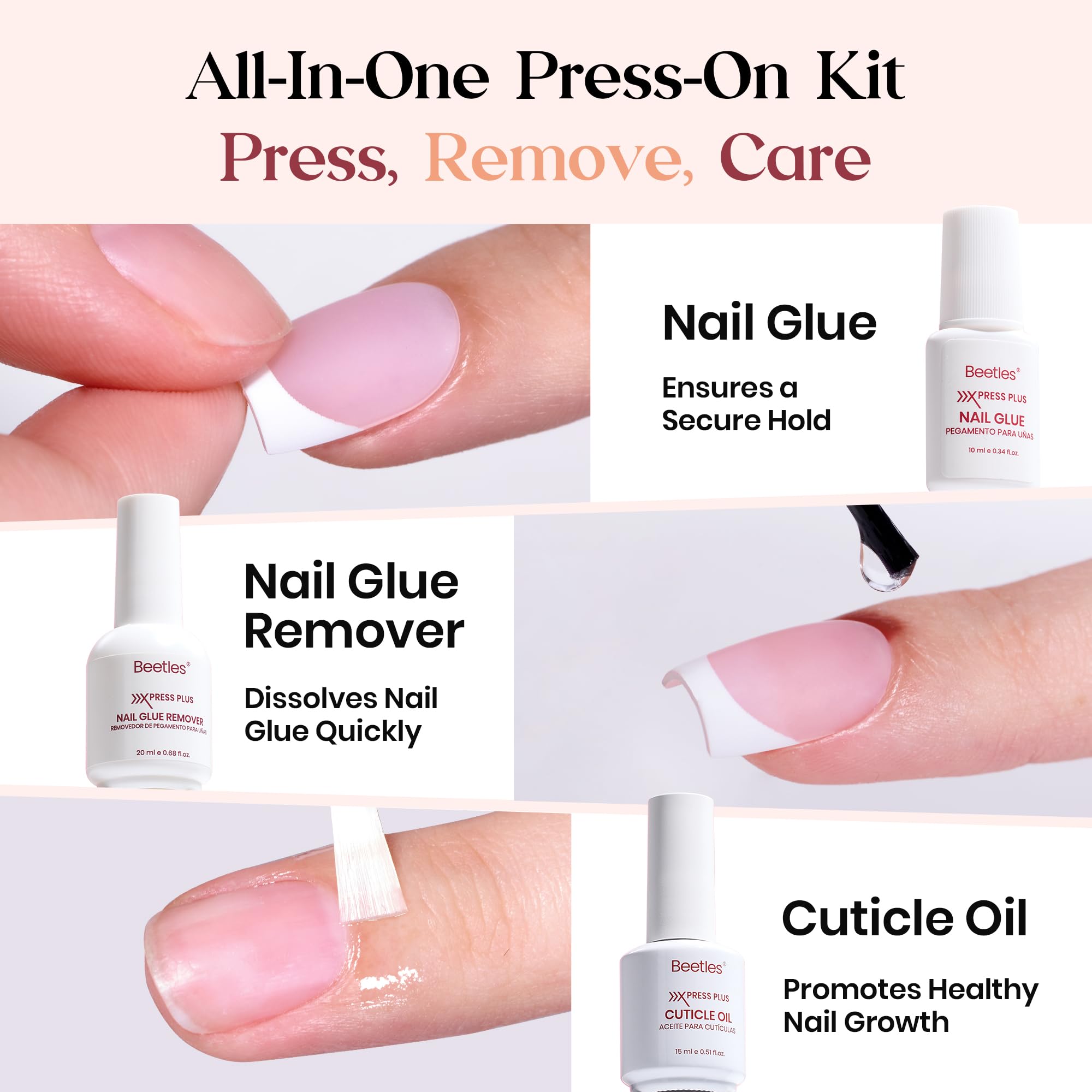 Beetles X Press Plus quick-dry glue bottle; fast adhesion for effortless manicures.
