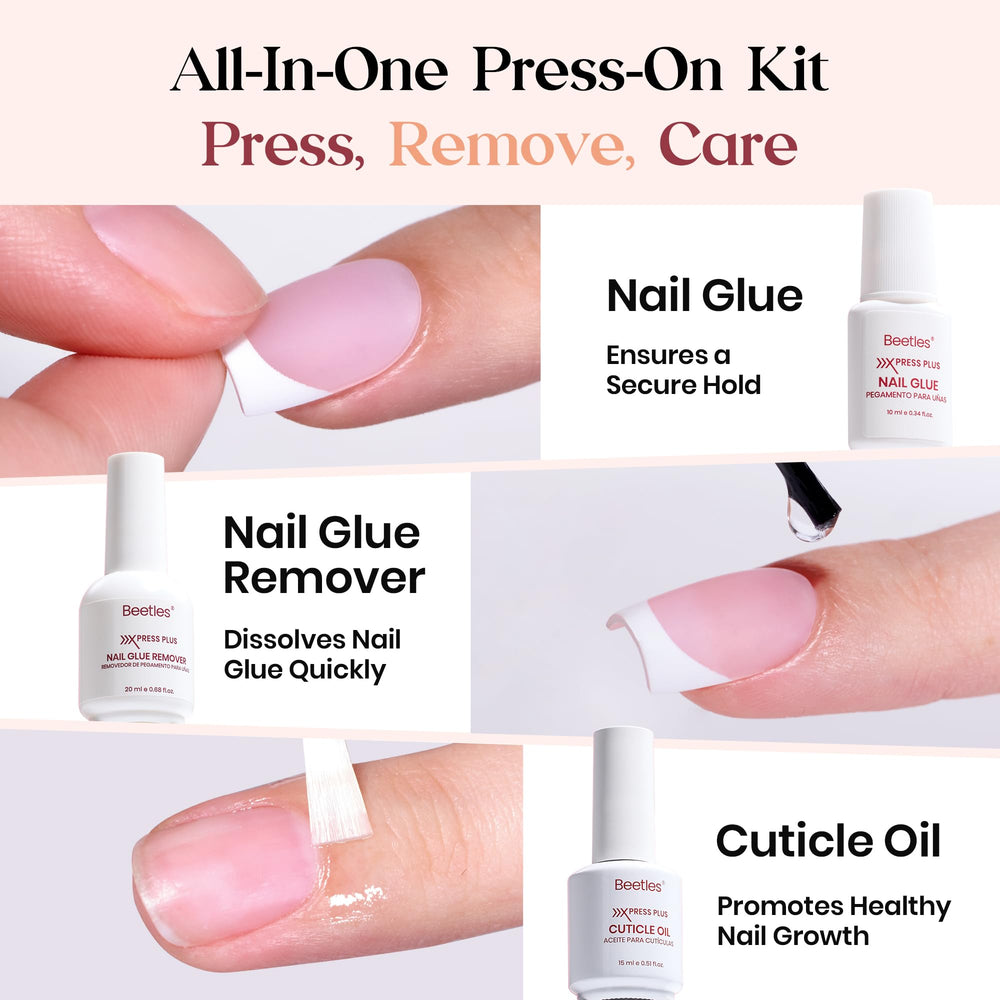 Beetles X Press Plus quick-dry glue bottle; fast adhesion for effortless manicures.