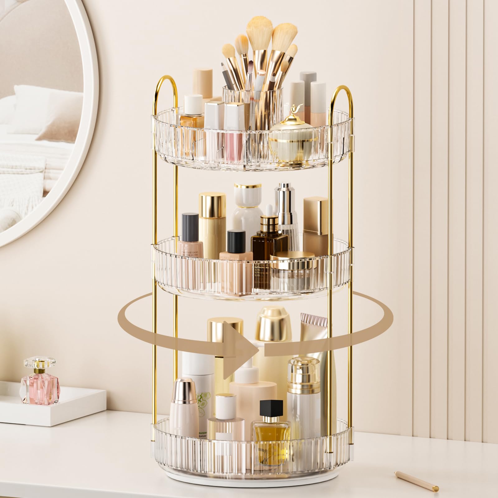 BEFSOP 360° rotating makeup organizer top view for quick access to cosmetics.