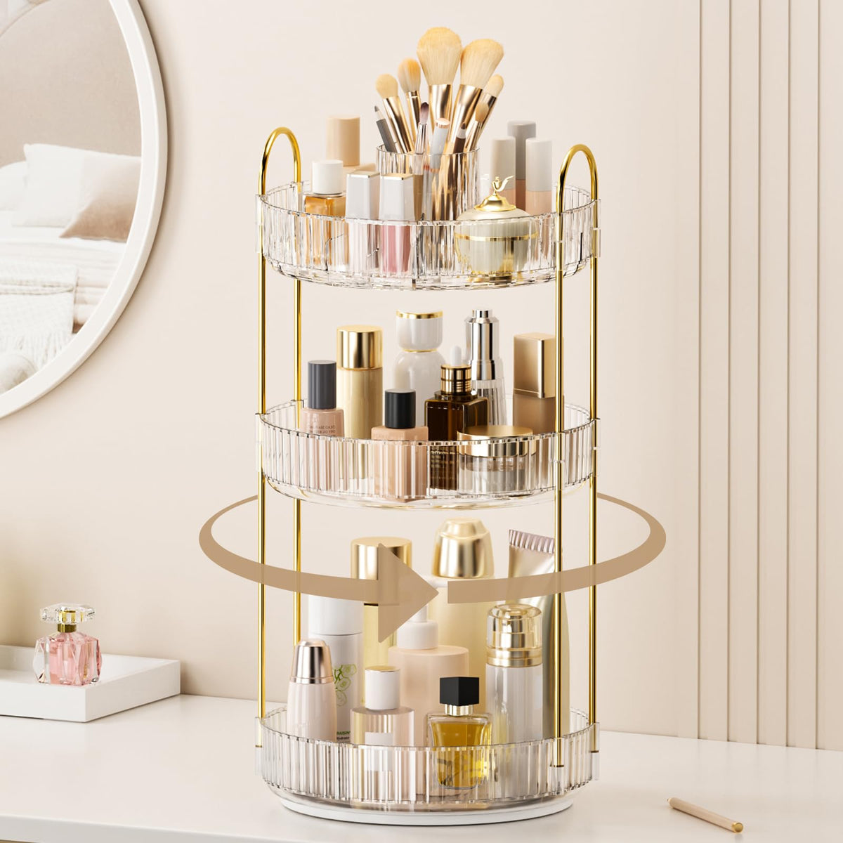 BEFSOP 360° rotating makeup organizer top view for quick access to cosmetics.