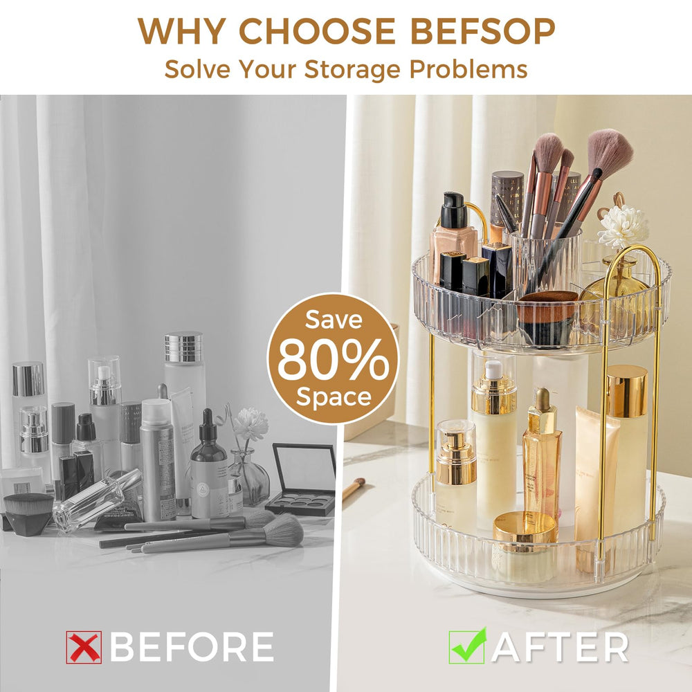 BEFSOP clear cosmetic dresser organizer with integrated brush holder for ready-to-use tools.