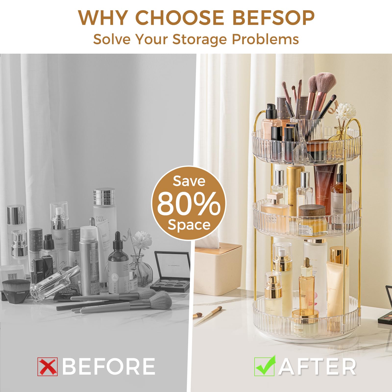 BEFSOP clear cosmetic dresser with metal stand provides stable storage.
