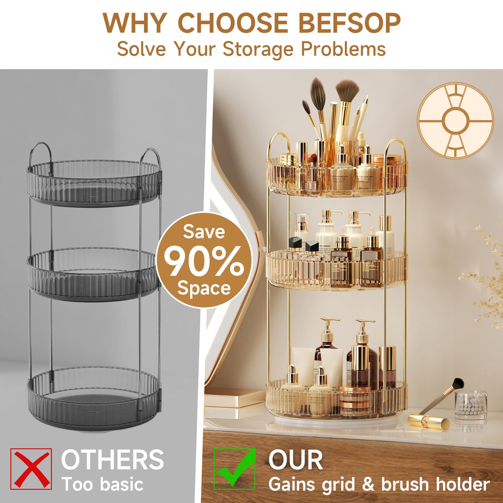 BEFSOP premium PET material with sturdy metal stand offers durable, wobble-free vanity storage.