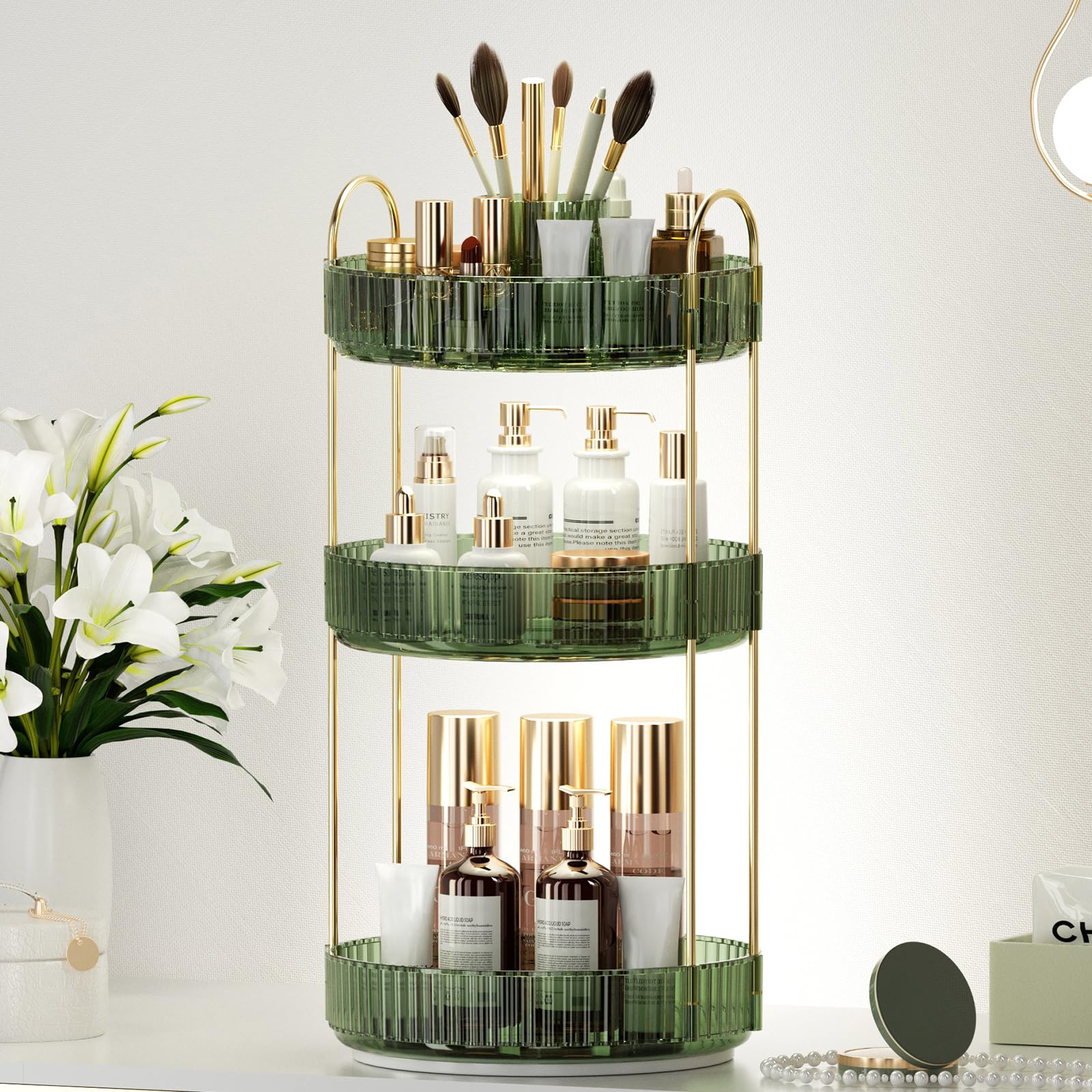 BEFSOP upgraded 3-tier skincare and perfume organizer keeps vanity tidy.
