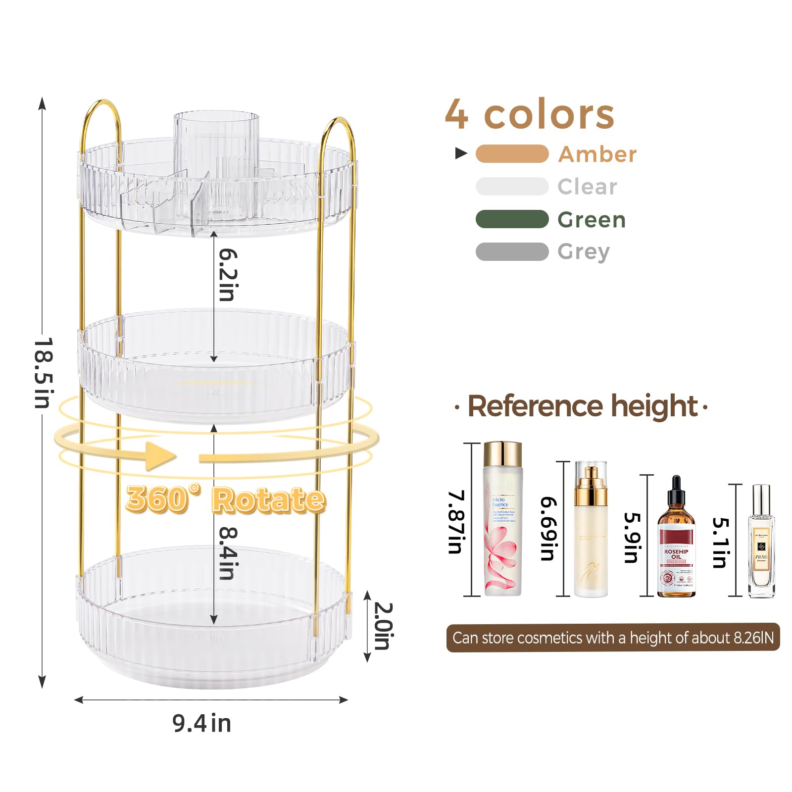 BEFSOP upgraded 3-tier vanity organizer side view showing expanded storage.