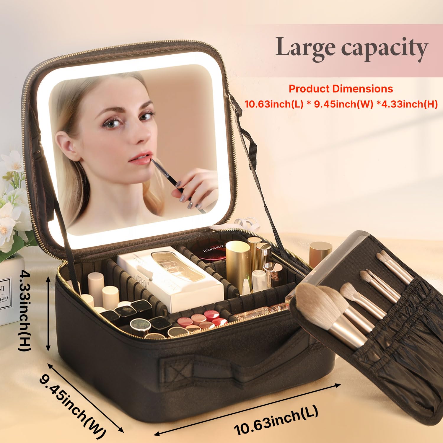 Behaesty LED lighted mirror highlights precise application with adjustable brightness and color temperature.