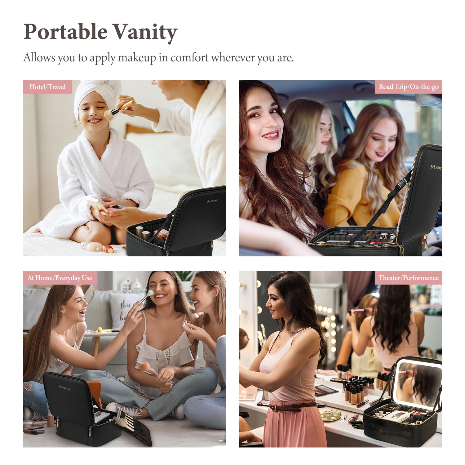 Behaesty travel makeup bag in suitcase demonstrates travel-friendly size for packing.