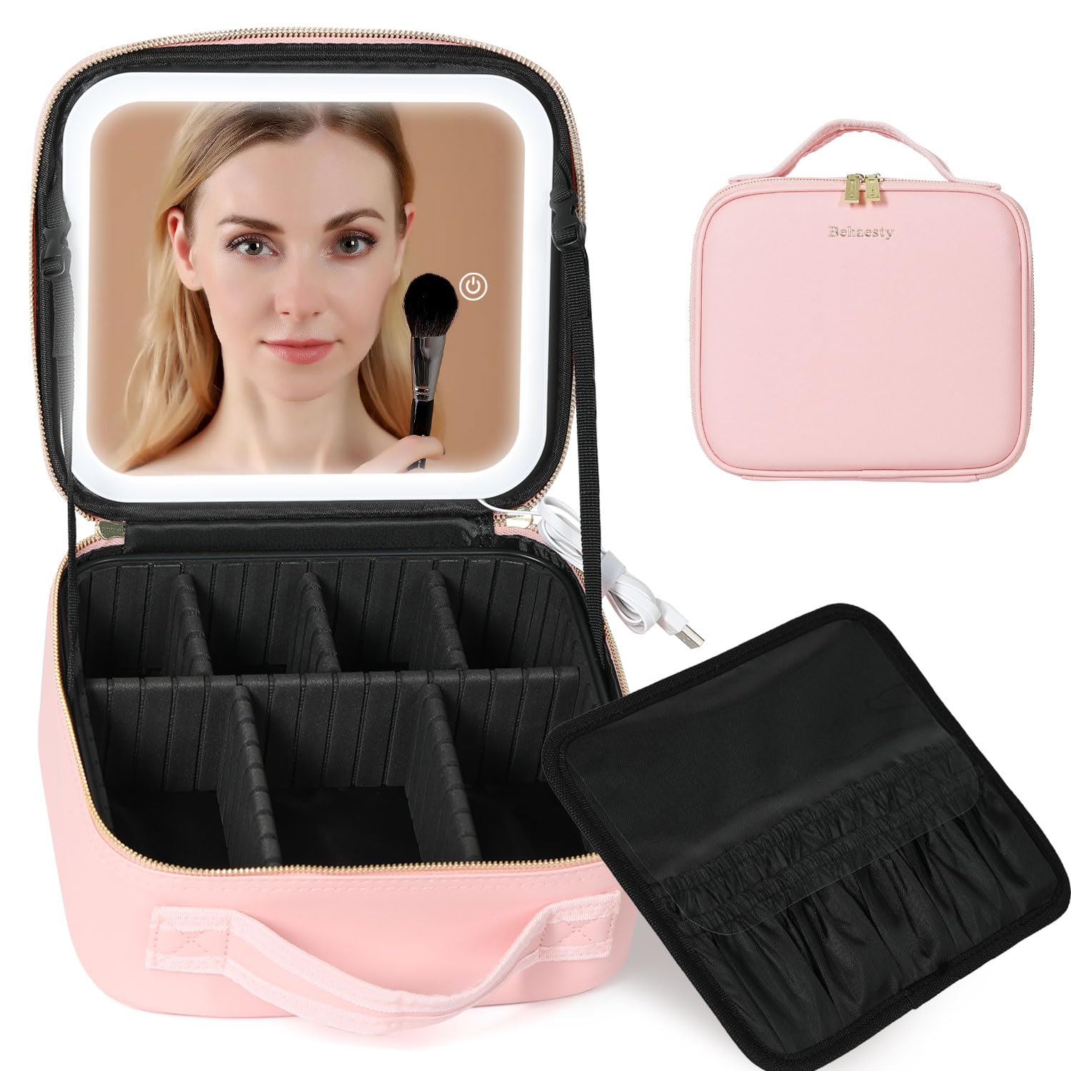 Behaesty travel makeup bag with LED mirror on cover for precise makeup application