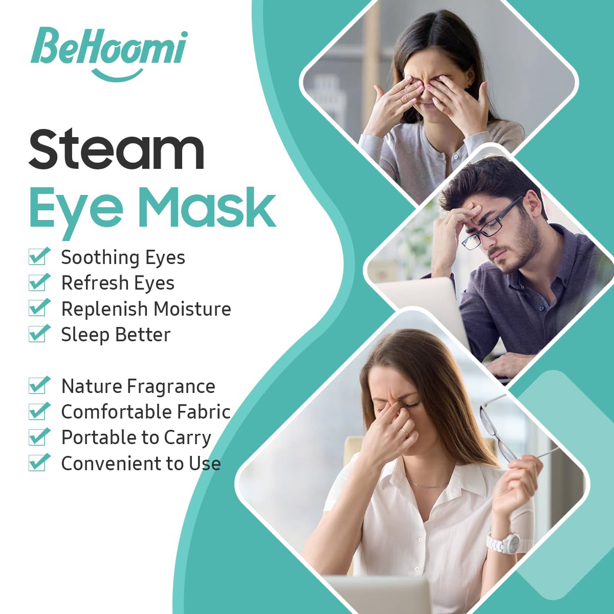 BeHoomi steam eye mask elastic ear hooks ensure a comfy, universal fit.