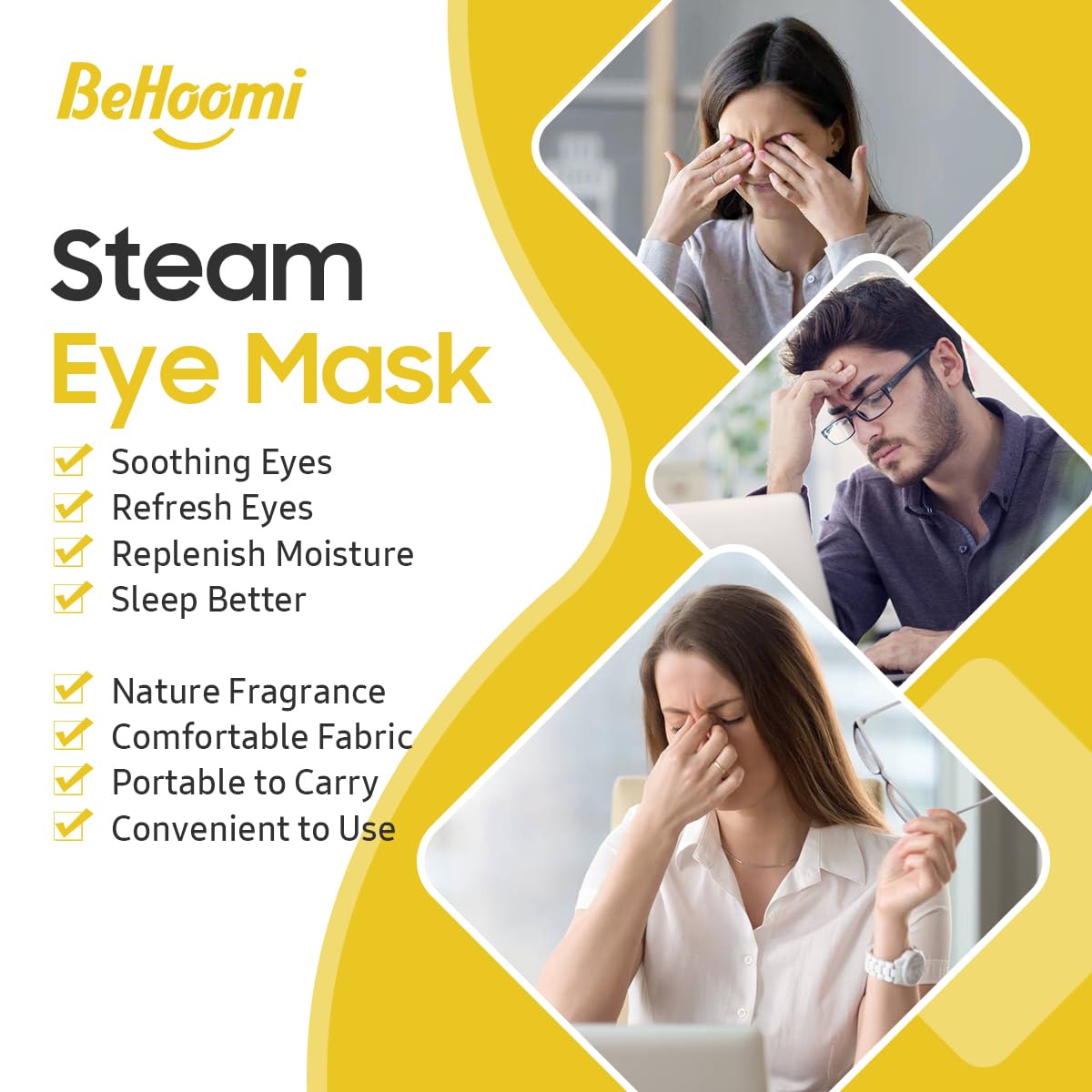 BeHoomi steam eye mask no-lint-fabric highlighting skin-friendly, hypoallergenic design.