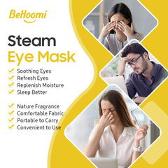 BeHoomi steam eye mask no-lint-fabric highlighting skin-friendly, hypoallergenic design.