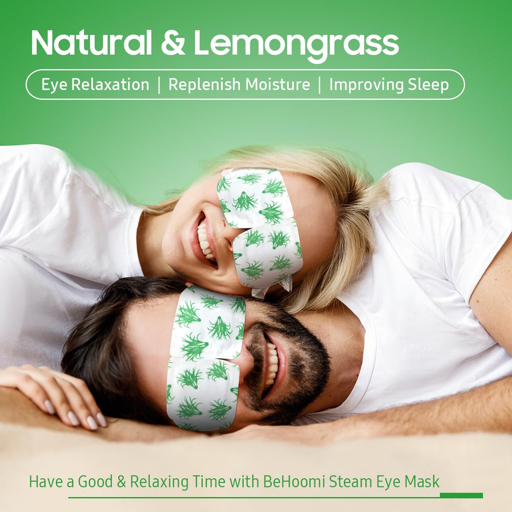 BeHoomi steam eye mask worn on eyes for warm comfort