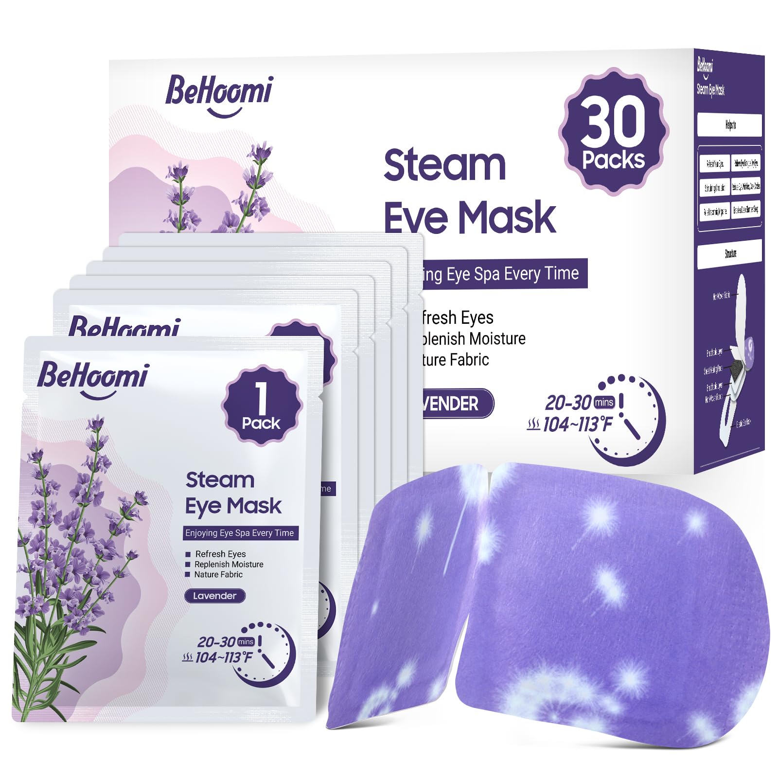 BeHoomi Steam Eye Mask packaging with lavender scent for premium relaxation