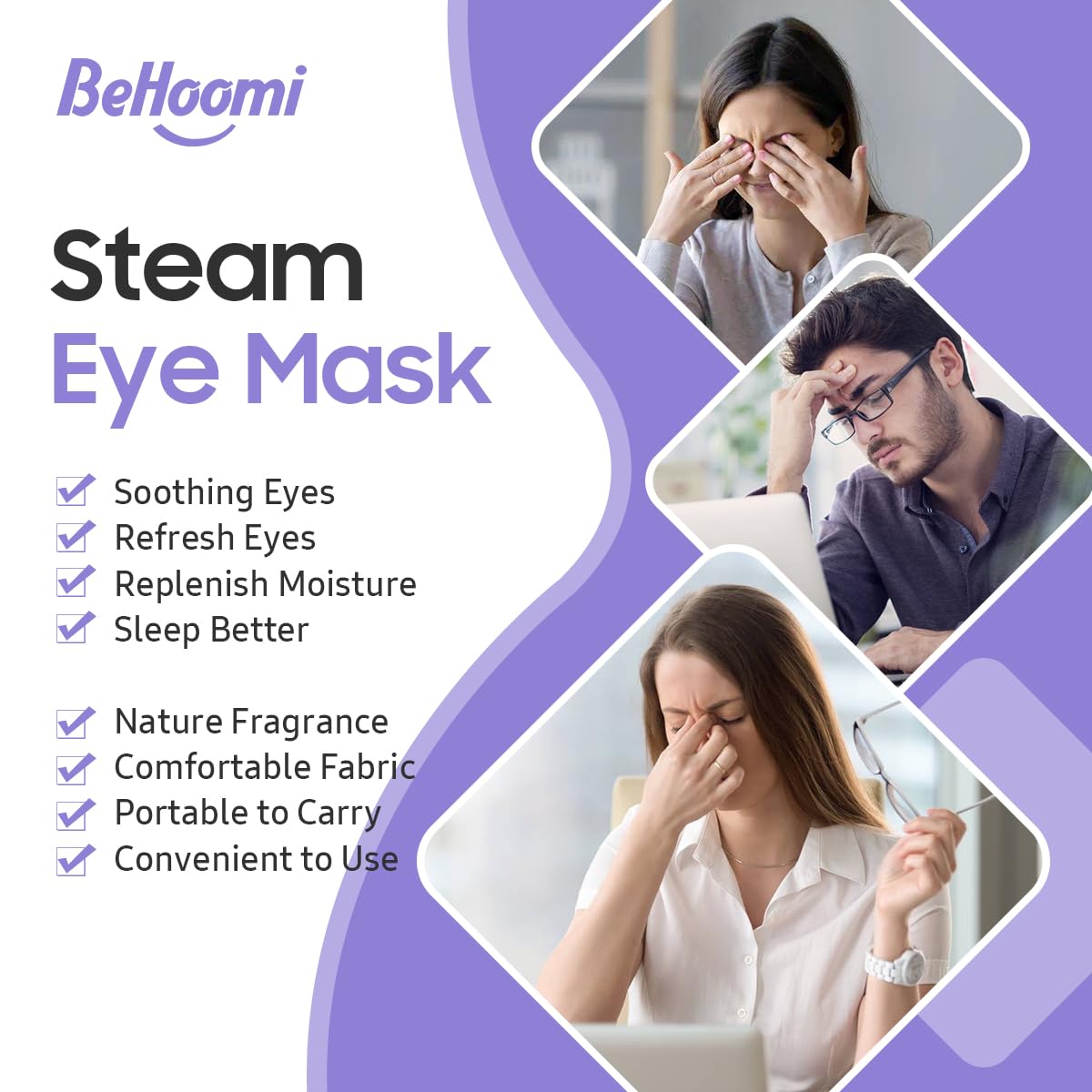 BeHoomi mask temperature close-up shows gentle warmth for relaxing eyes