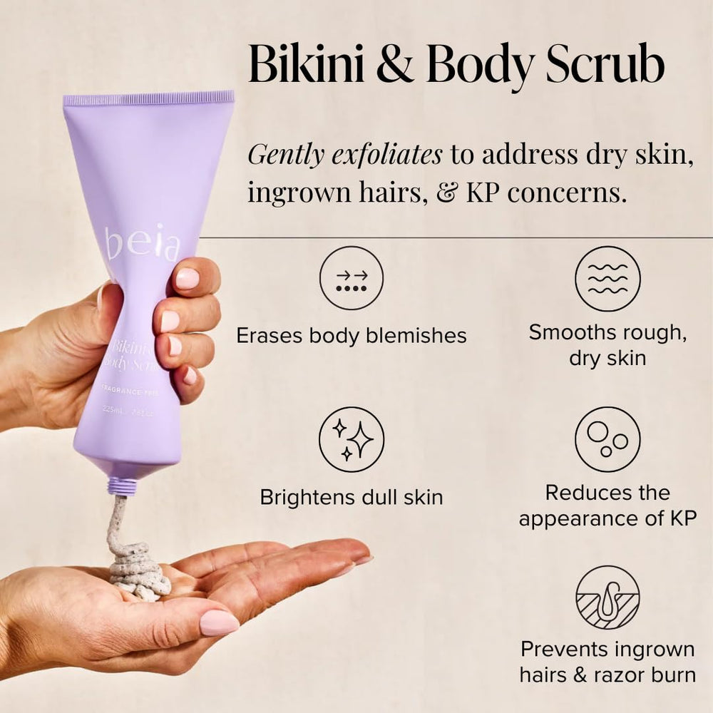 Beia Bikini & Body Scrub ingredients label highlights rice powder, glycolic acid, and green tea benefits.