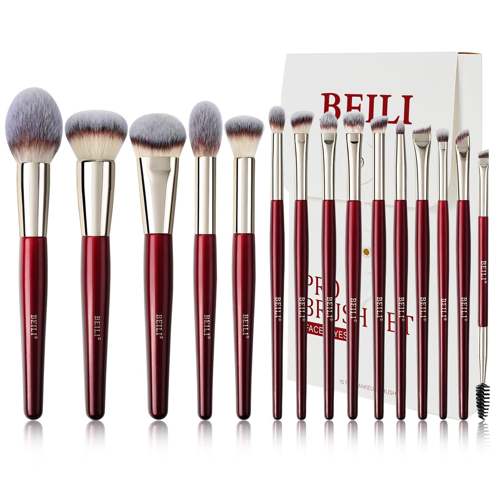 BEILI 15Pcs makeup brush set top view in red case for professional eyeshadow application.