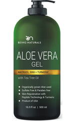 Being Naturals Aloe Gel bottle pouring to show quick-absorb hydration benefits.