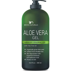 Being Naturals Aloe Gel bottle pour shows quick-absorbing moisturizer