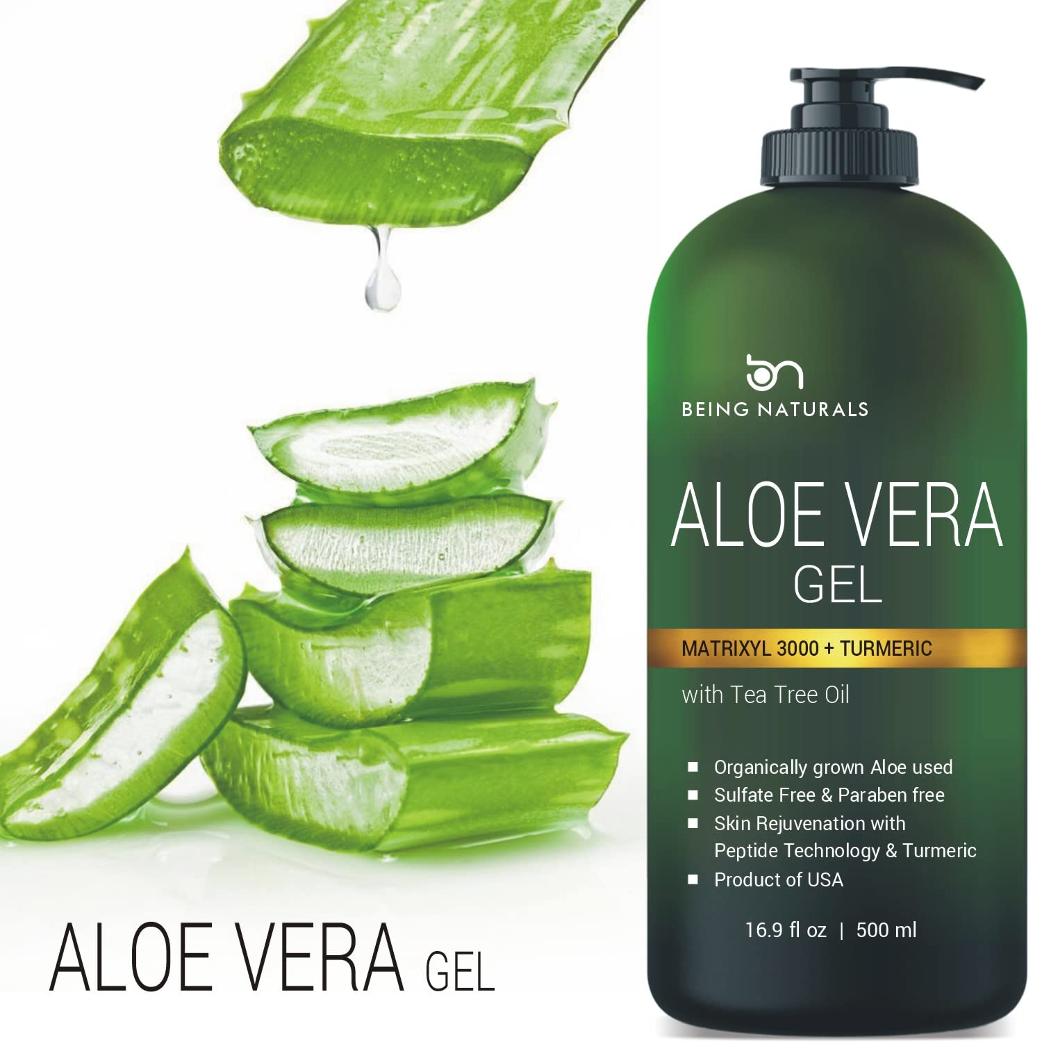 Aloe gel with peptides and turmeric highlights skin-renewal support visually.