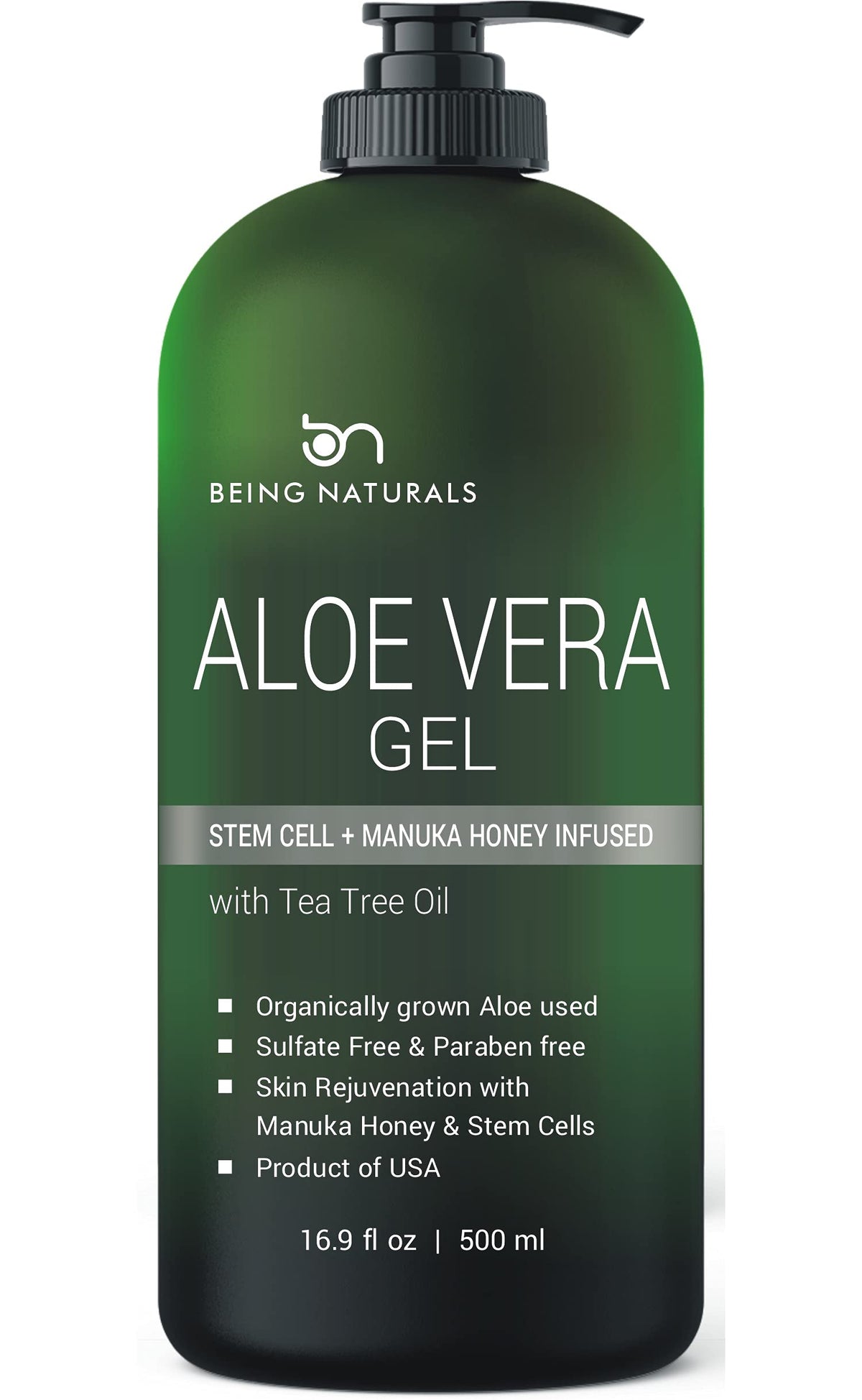 Being Naturals Aloe Vera Gel bottle pour for deep skin hydration.
