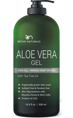 Being Naturals Aloe Vera Gel bottle pour for deep skin hydration.