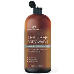 Being Naturals body wash tea tree bottle front demonstrates the odor-control formula for active lifestyles