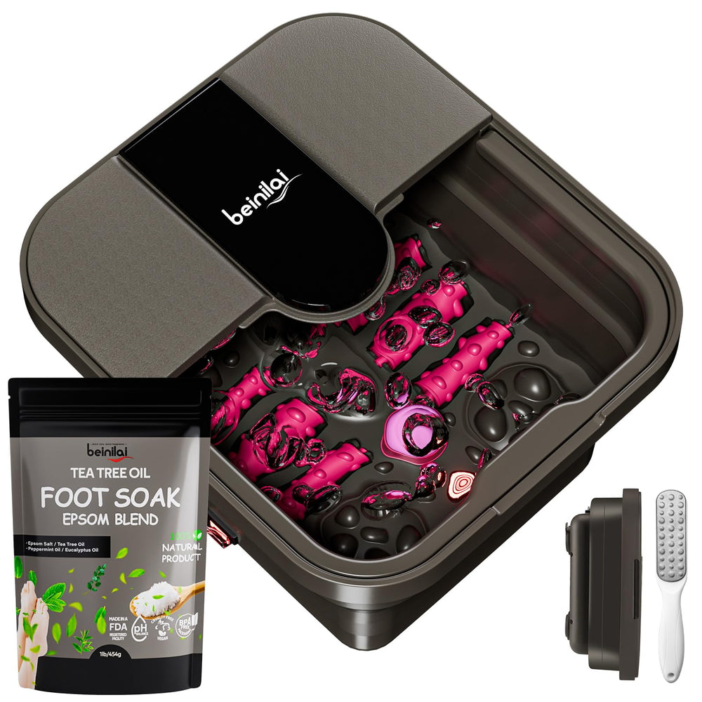 Beinilai collapsible foot spa showing heat and bubbles for a soothing soak.