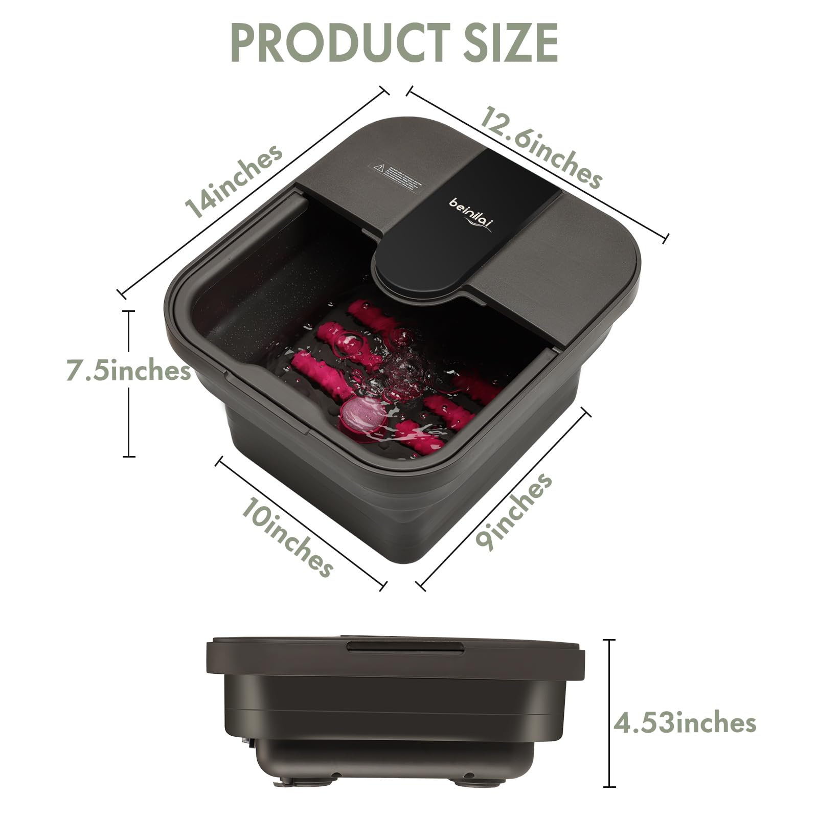 Beinilai collapsible foot spa demonstrates fit for feet up to size 10.
