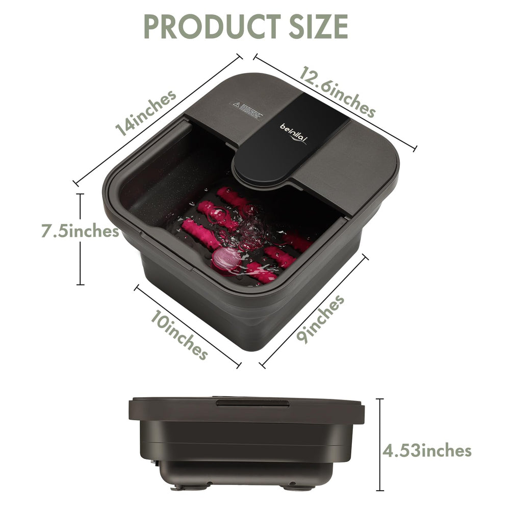 Beinilai collapsible foot spa demonstrates fit for feet up to size 10.