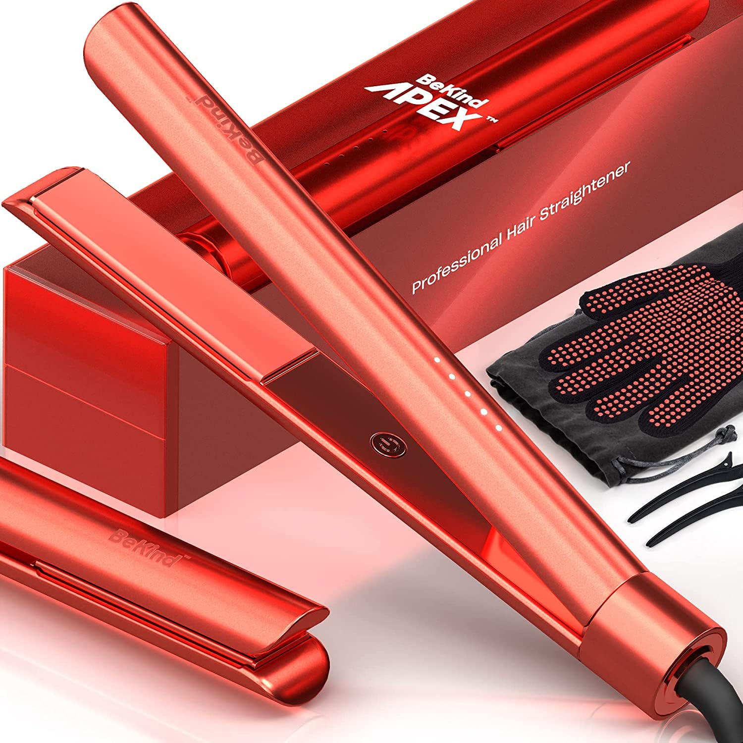 Bekind Apex 2-in-1 hair straightener coral front view for salon-quality at-home styling.
