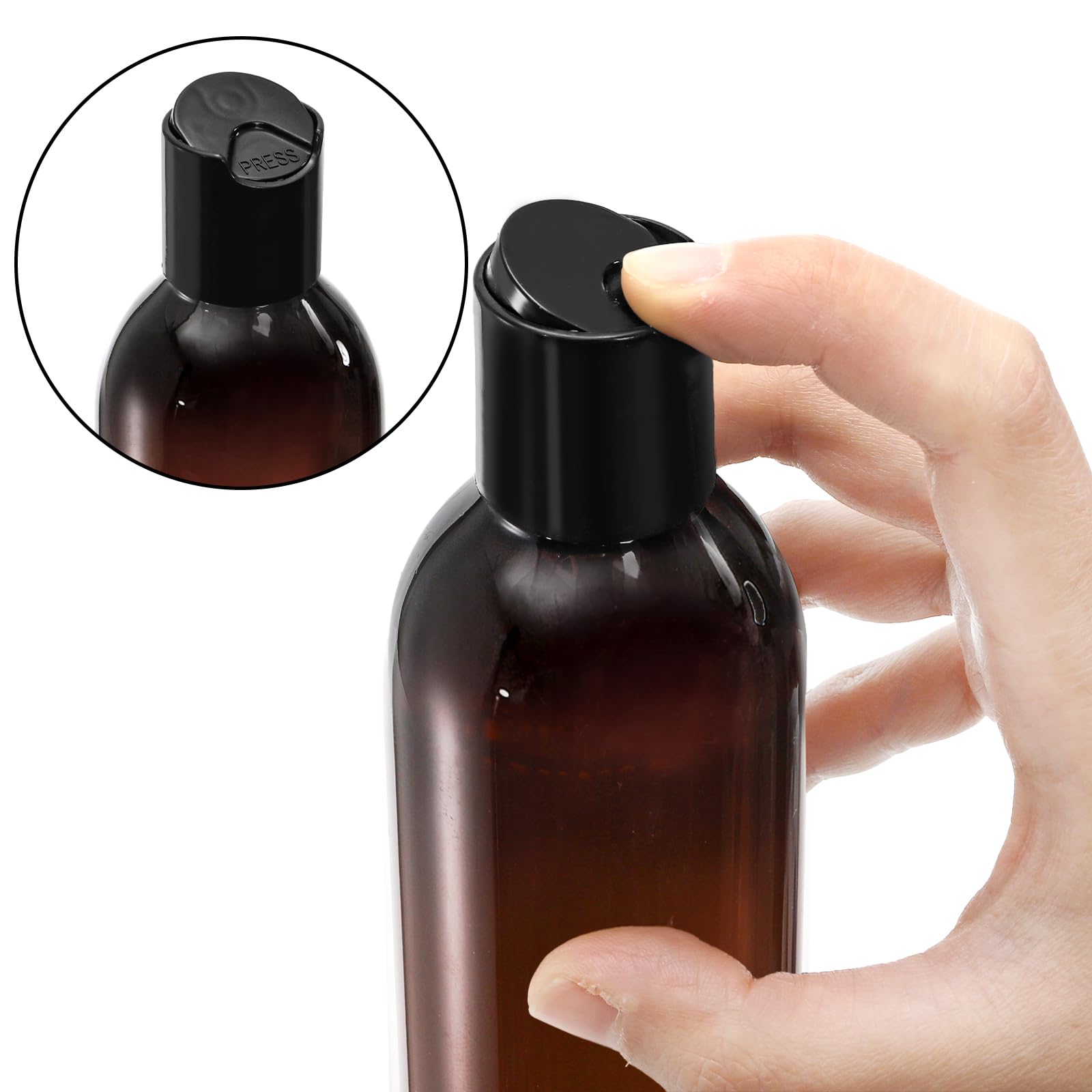 Bekith shampoo bottle amber 8oz demonstrating easy dispensing.