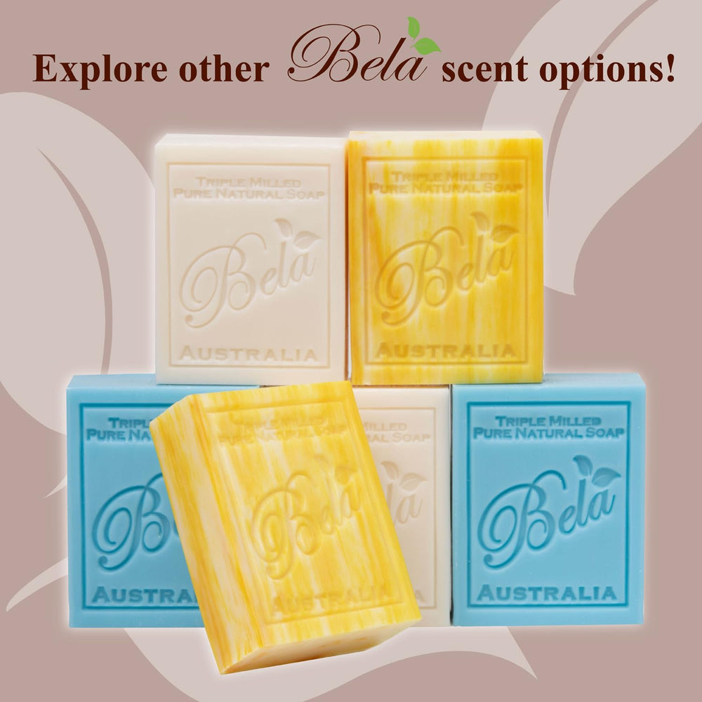 BELA goat-milk soap lifestyle shot suggests guest bathroom-friendly cleansing everyday use.