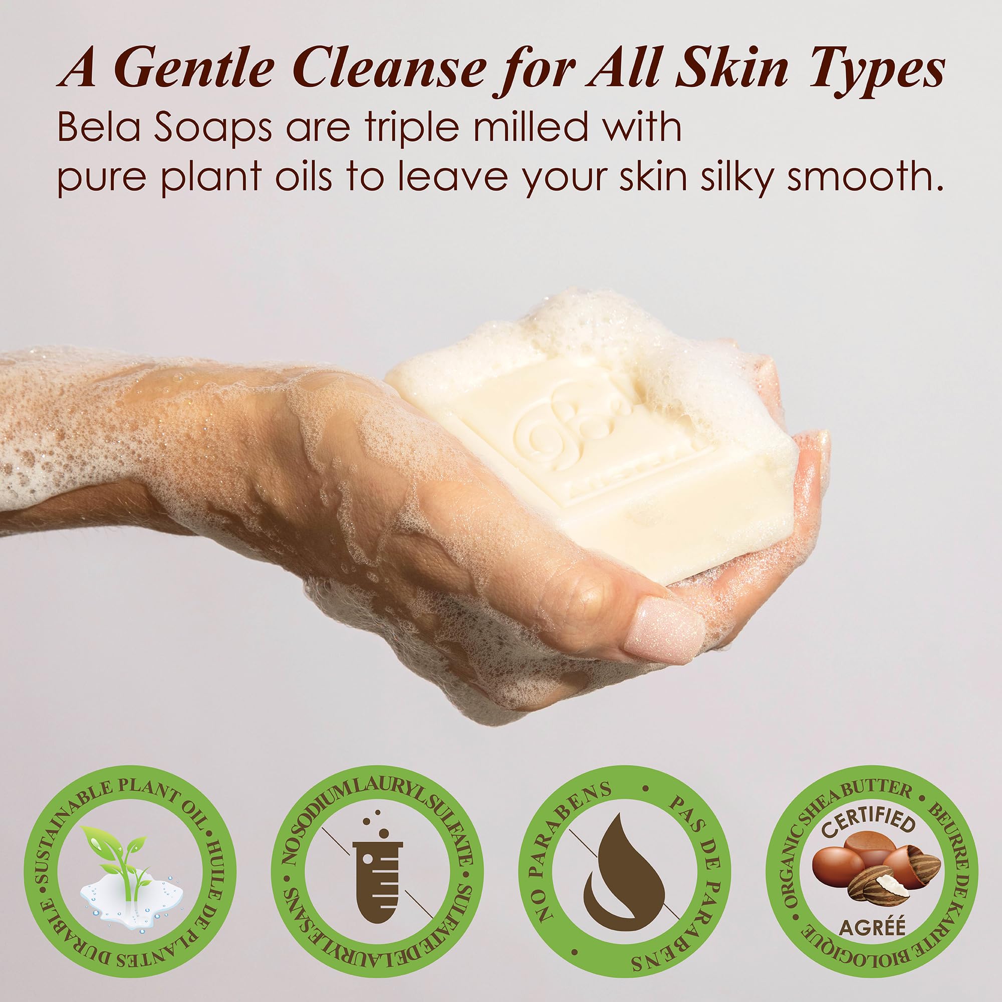 BELA organic-shea-butter goat-milk soap detail emphasizes nourishing ingredients.