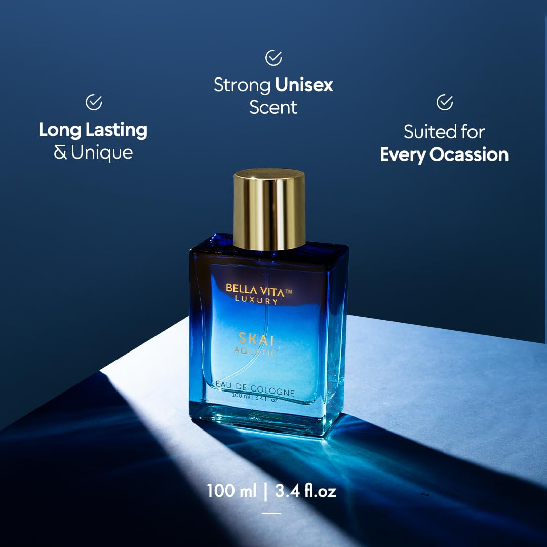 Bellavita Luxury SKAI Aquatic bottle-side showcases long-lasting freshness across all-day wear.