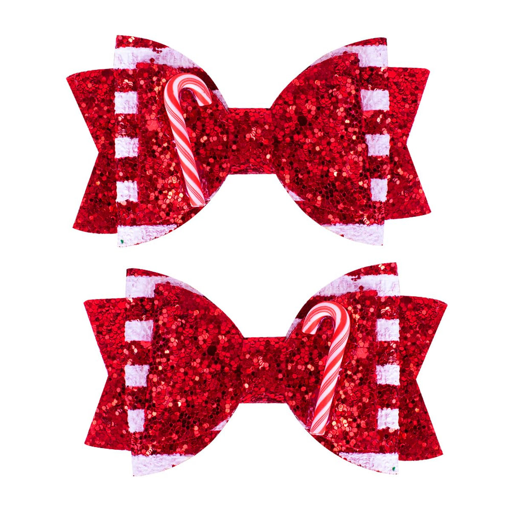 Beleki glitter candy cane bow clip with secure clip for festive hairstyle