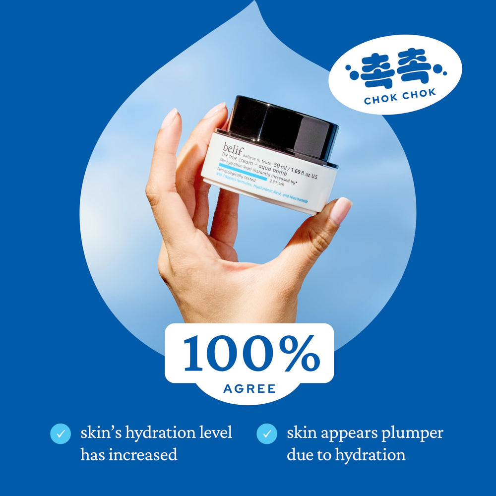 belif Aqua Bomb application on cheek demonstrates quick absorption and cooling feel