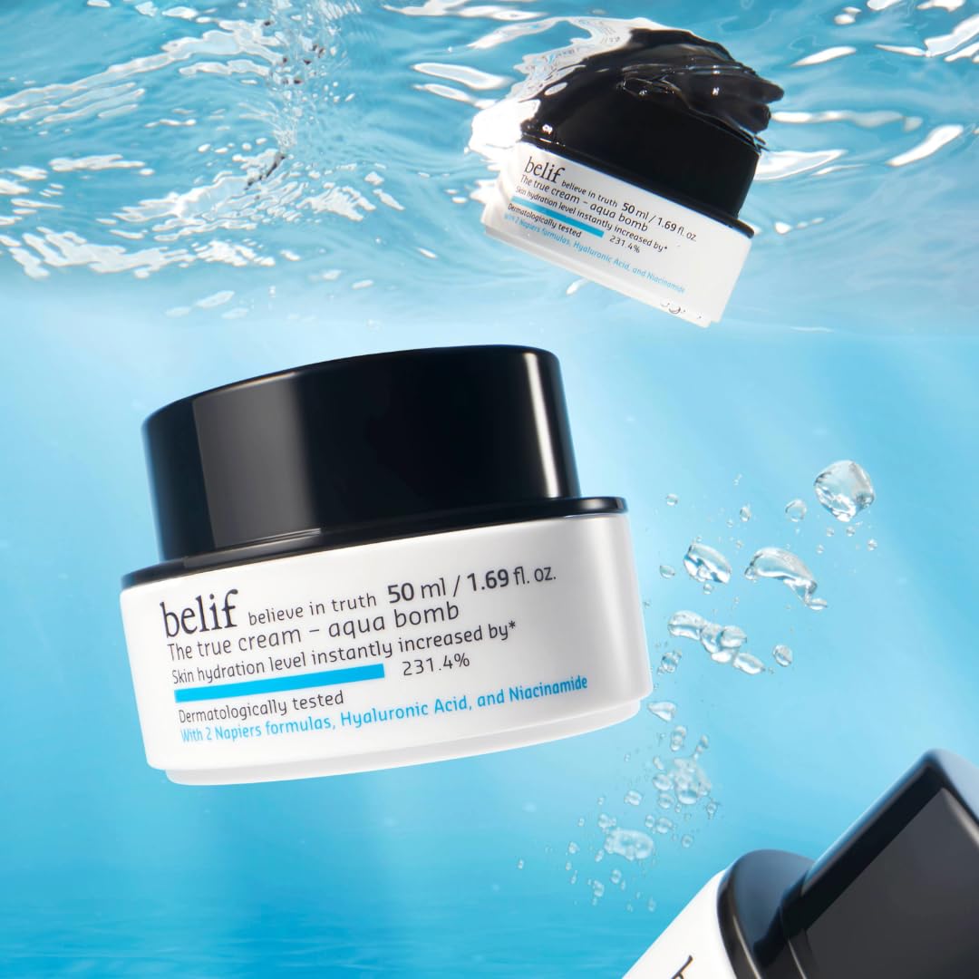 belif Aqua Bomb cooling effect shot conveys 72-hour hydration impression