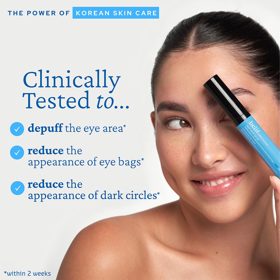 Dermatologist-tested label on Belif Aqua Bomb Cooling Eye Gel indicating safe use near eyes.